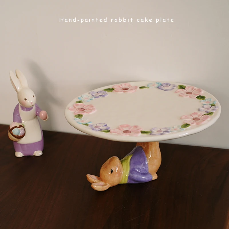 

Cute Illustration Style Three-dimensional Flower Ceramic Rabbit 8-inch Tall Rabbit Cake Plate Afternoon Tea Dessert Plate