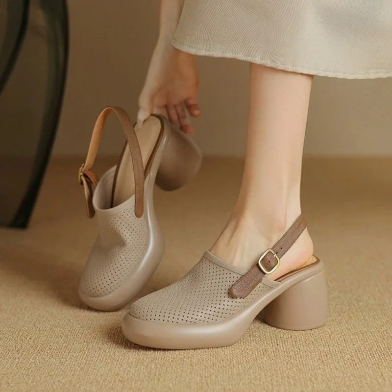 Women High Heels Baotou round heel sandals summer round head deep mouth line with soft sole anti-slip wear-resistant high heels