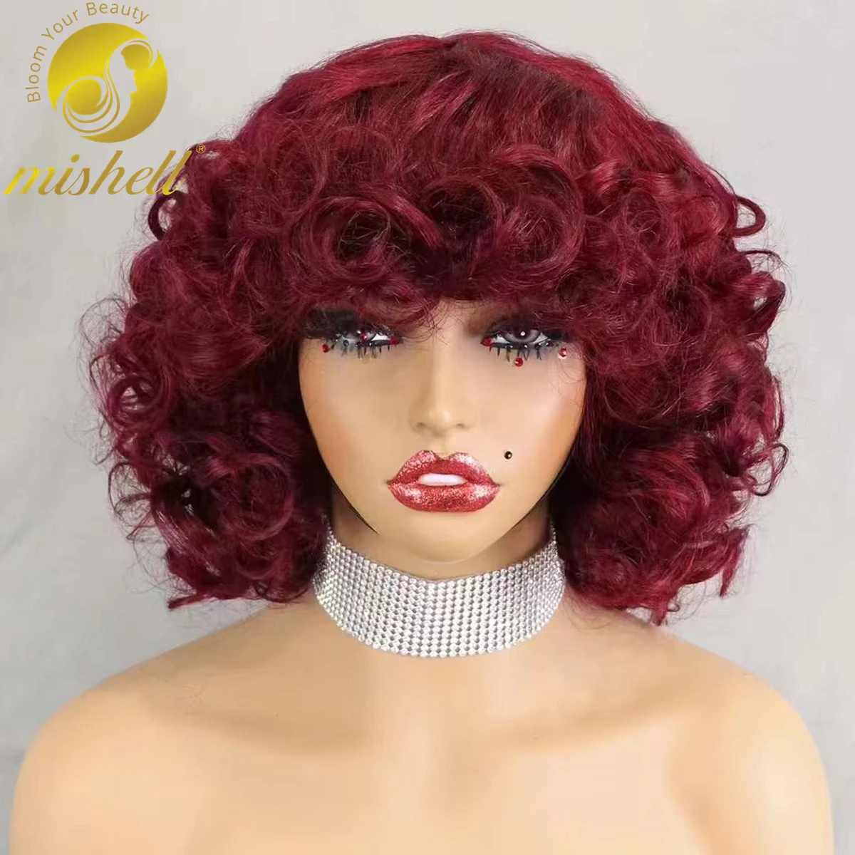 Human hair wigs 200% Density 99J# Burgundy Bouncy Curly Human Hair Wigs with Bangs Short Machine Made Loose Curly Bob Wigs PrePlucked for Women