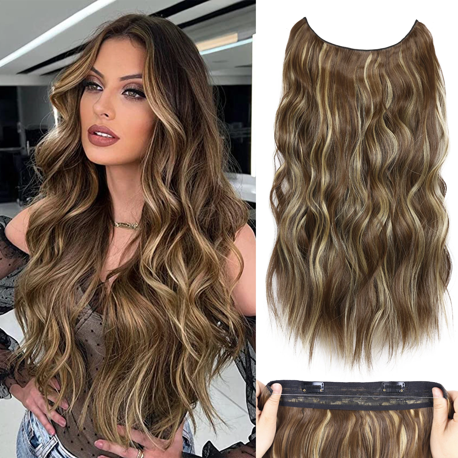 

Synthetic 2Clips Invisible Wire Hair Extension Long Wavy Hairpiece Highlight Wire Fish Line Layered Hairpiece For Women