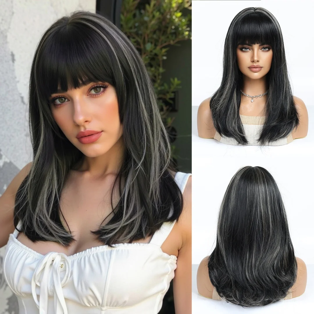 Schulterlange synthetische dunkelbraune Perücke, lange gerade Perücken für Frauen, Haarperücke mit Pony, hitzebeständig, für Party, Alltag, natürlicher Gebrauch – Detail 9