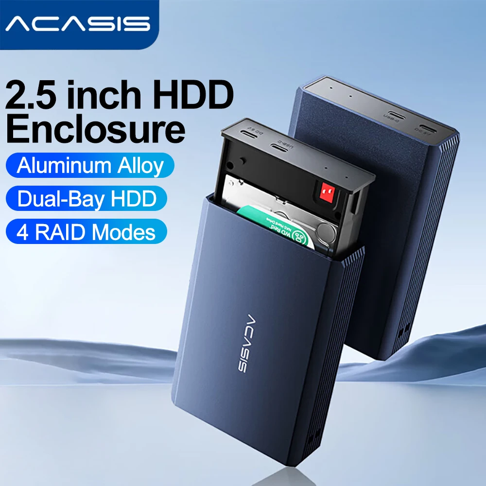 acasis-デュアルベイ外部ハードドライブ、hddケース、ssdケース、タイプcディスクアレイ、25インチ