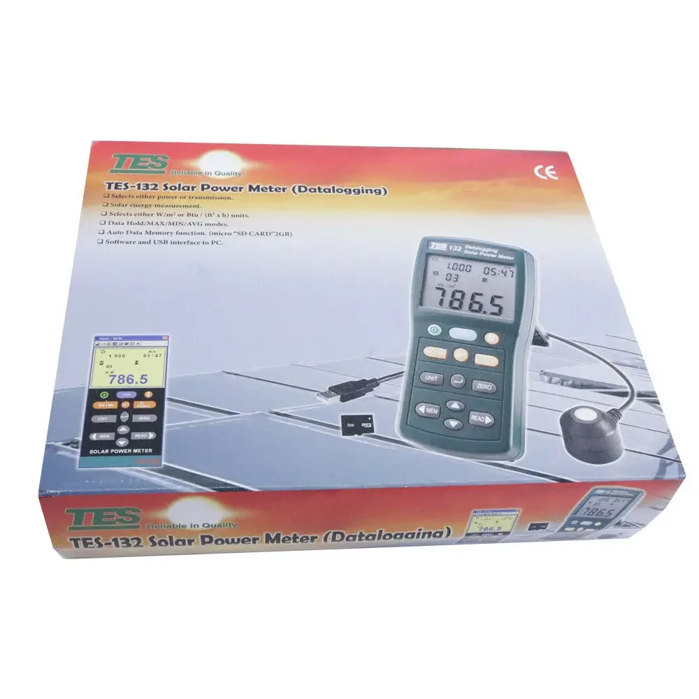 TES-132 Handheld Solar Power Meter Tester 400-1Knm Range 2000W/m2 & 634Btu/(ft2h) Data Logger SD Card 2G USB TES132 6