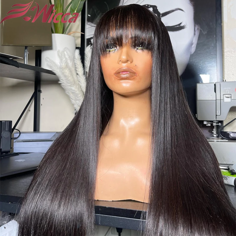 

Black Straight Human Hair Wigs With Bangs 180% Brazilian Human Hair Wigs For Woman 13x4 13X6 Lace Frontal Wigs