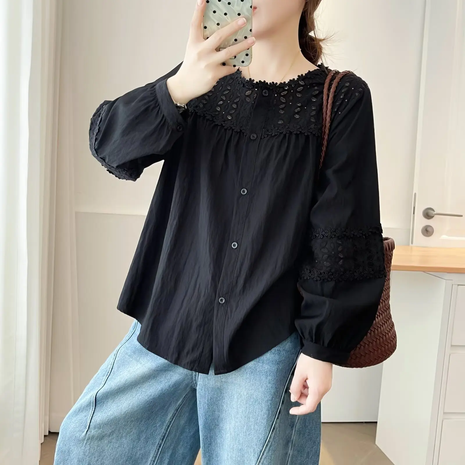 Fashion Plus Size Women's Blouses Korean Style Crocheted Patchwork Long Sleeve Shirt 815