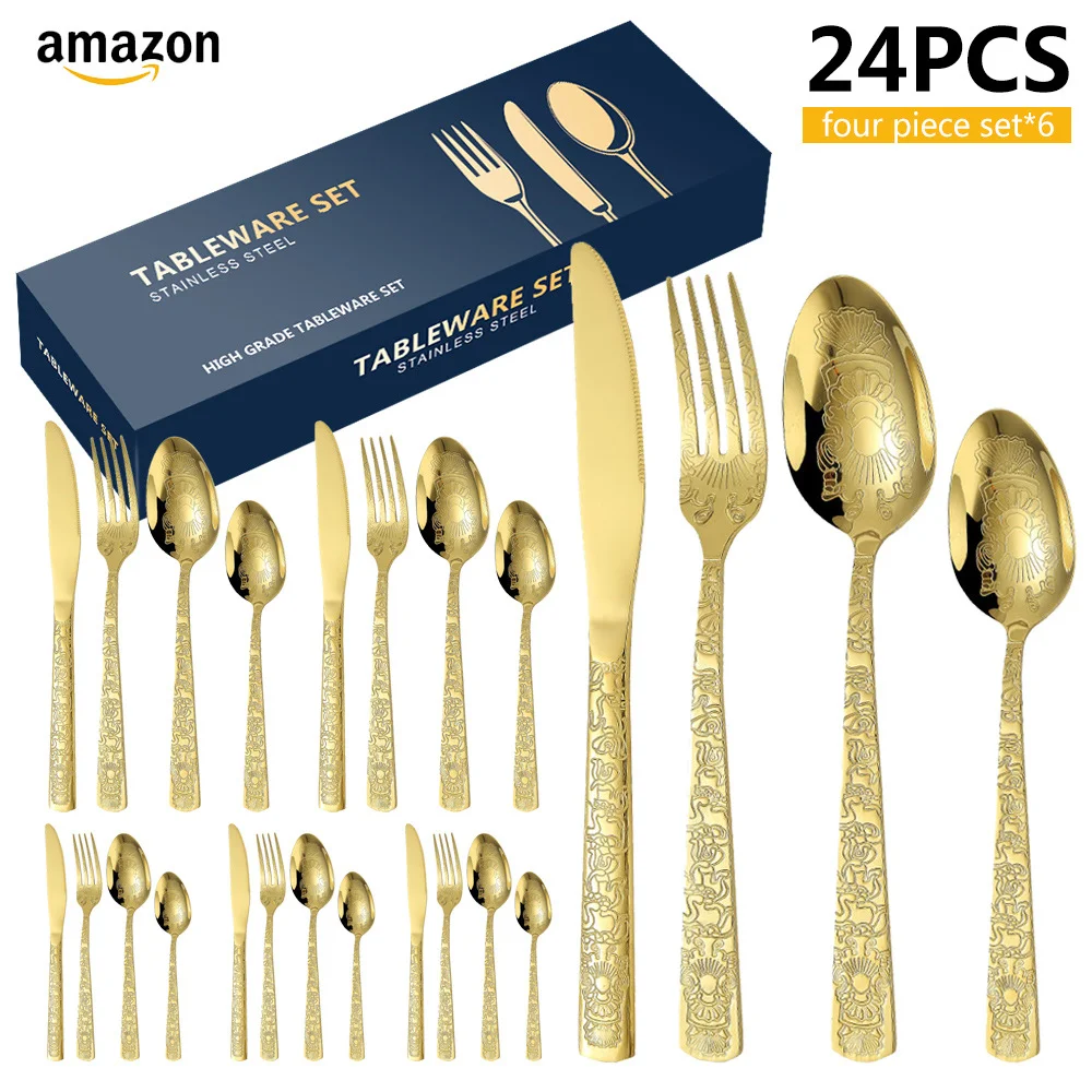 

New Textured Patterned Stainless Steel Cutlery Set 24-Piece Gold Western Steak Knife Fork Spoon Kits