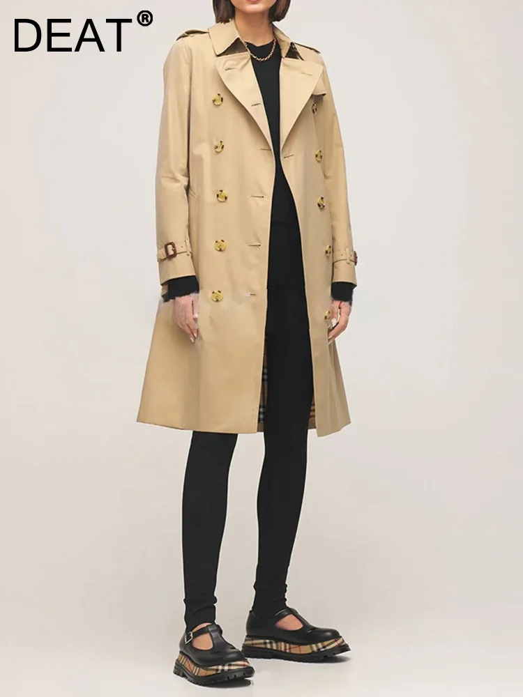 

DEAT Fashion Women's Trench Coat Belt Lapel Double Breasted Pockets Patchwork Split Khaki Windbreaker Iwnter 2024 New 7AB2288