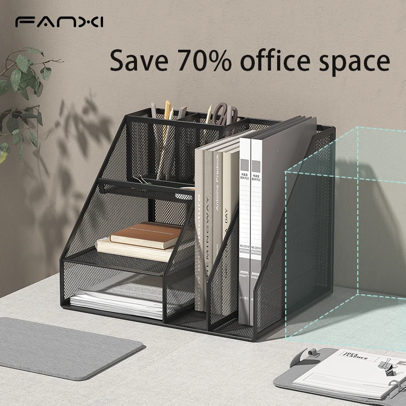 Desk Organizer with File Holder, Desk Organizers with 3 Tier Letter Trays and 2 Pen Holders, Mesh Desk Accessories & Workspace - 4