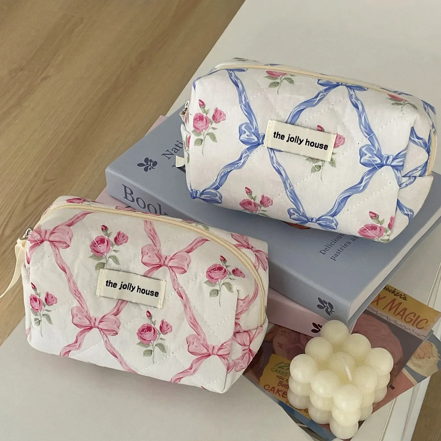Cute Bow Flower Quilting Cotton Makeup Bag Women Zipper Cosmetic Organizer Female Cloth Handbag Portable Toiletry Case for Girls 3