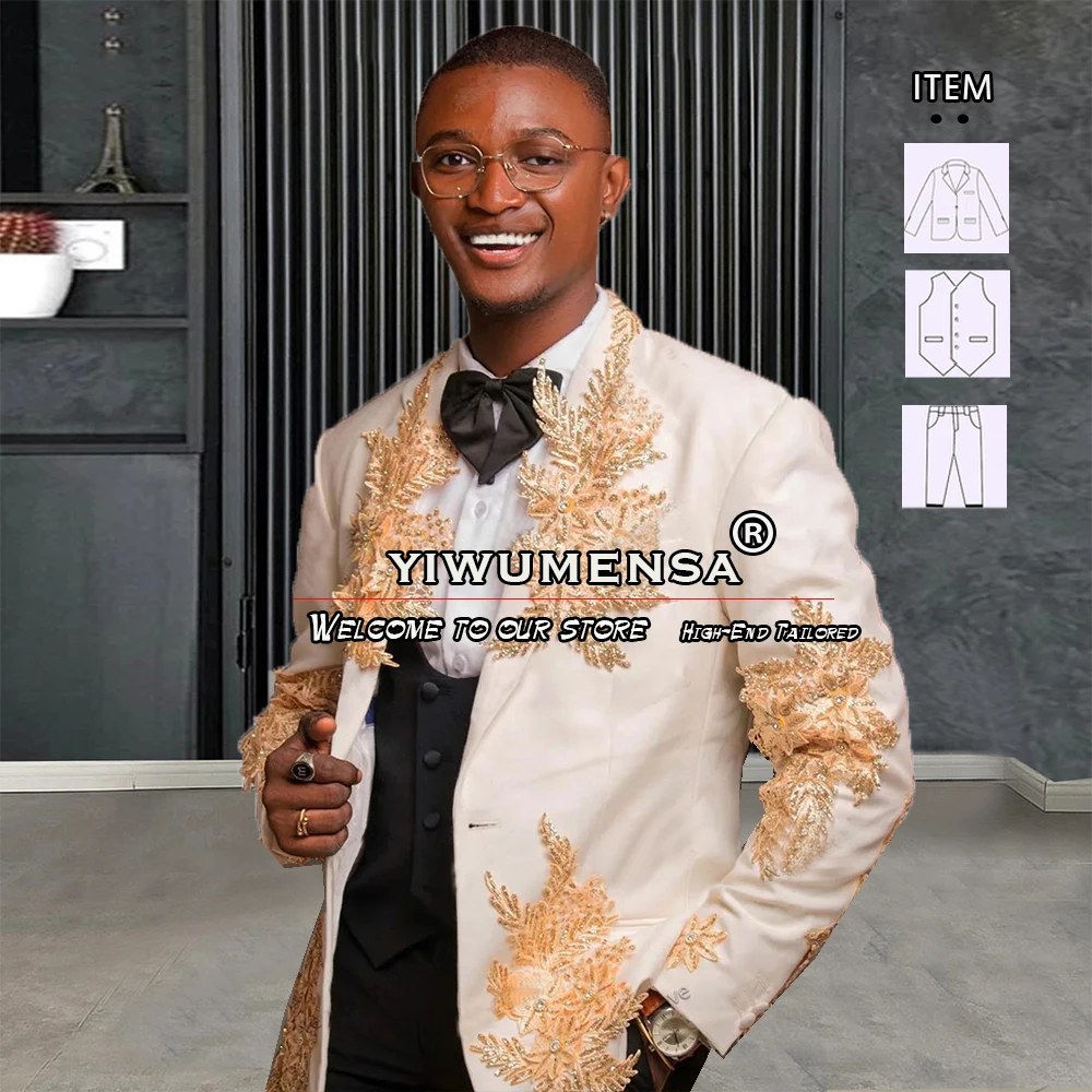 3 Pieces Suits Men Formal Groom Wear Wedding Tuxedo Gold Appliques Ivory Blazer Black Vest Pants Luxury Party Dress