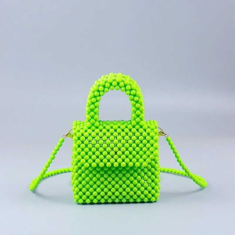 Mini Beaded Handle Box Bag, Trendy Plaid Pattern Cylinder Purse