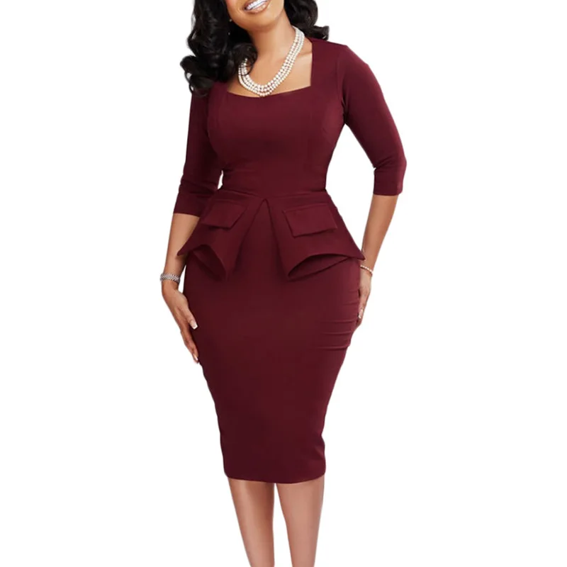 Office Lady Solid Square Collar Patchwork Pencil Skirt Spring Summer Zipper High Waist Bag Hip Dress Plus Size Women Clothing