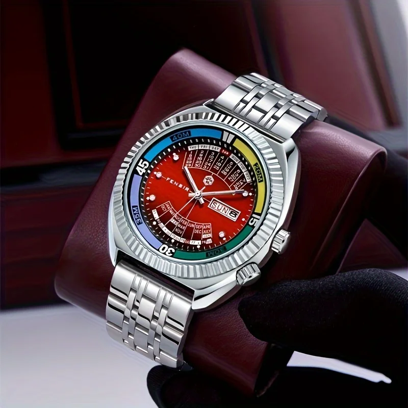 Luxury Men's Dual Calendar Waterproof Steel Wristwatch - European & American Style Fashion, Perfect for Business Casual, Unique Trendy Design, Ideal Gift for Him