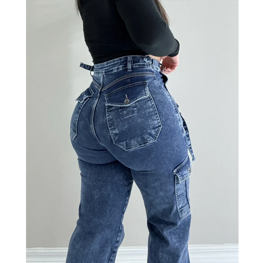 Women Straight Cargo Jeans Women's Streetwear Stretchy High Waisted Jeans Unique Multi-Pocket Female Trousers Pocket Design 2