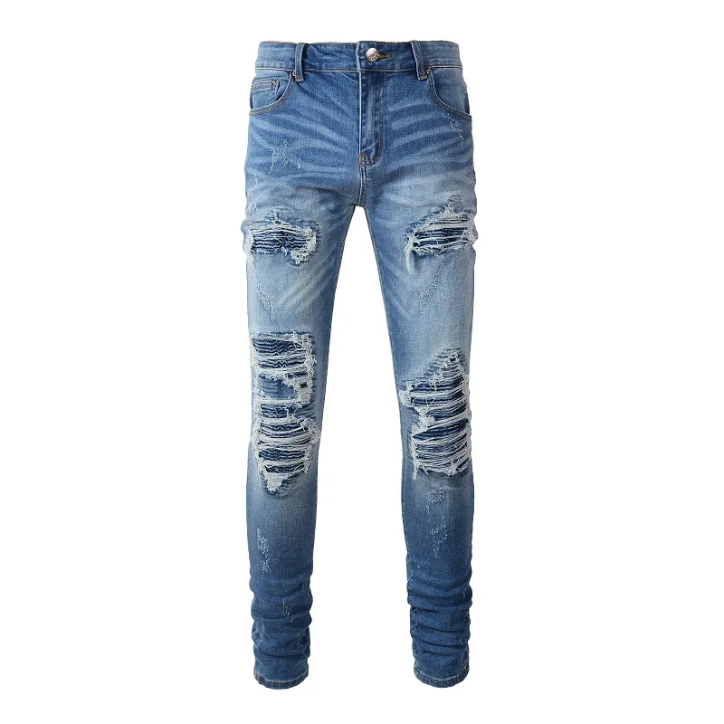 

Men's Blue Jeans Distressed Holes Ribs Patchwork High Street Stretch Slim Fit Ripped Jeans Men