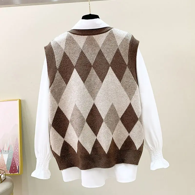 

Autumn Women Plaid V Neck Sleeveless Vest Sweaters Ladies Loose Casual Knitwear Top Spring Waistcoat Knit Sweater Jumpers H44