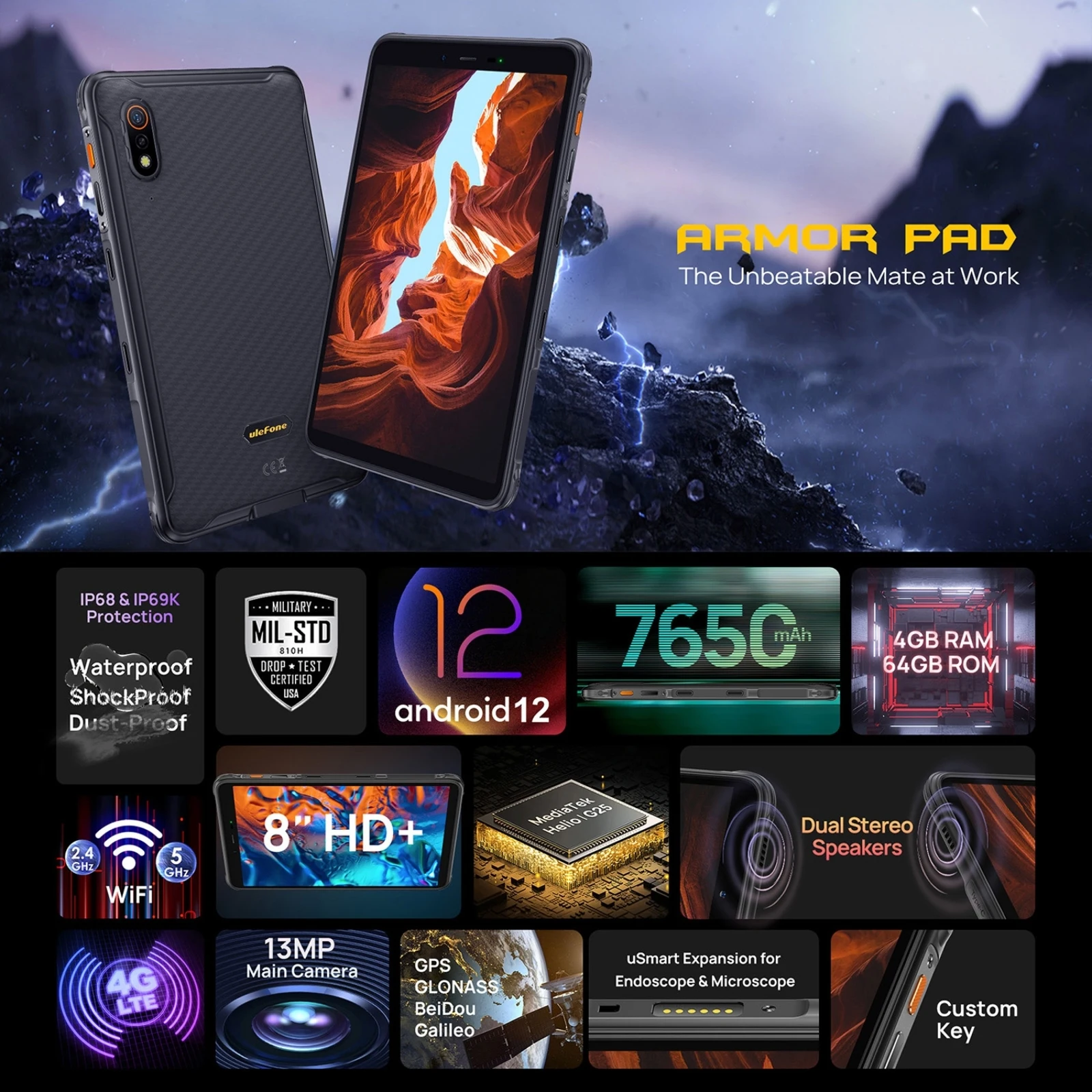 Ulefone Armor Pad Rugged Tablet PC IP68/IP69K 4G Tablet 4GB+64GB 8 inch 48MP Camera 7650mAh Android 13 NFC