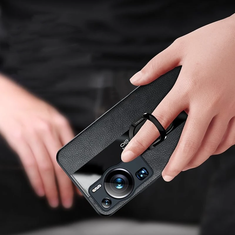 Luxurious Magnetic PU Leather Case with Ring Holder - Shockproof Bumper