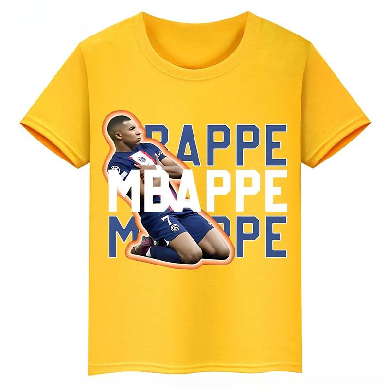 thumbnail image 1 of Camiseta deportiva de algodón amarilla de manga corta de verano para niños y niñas con estampado de avatar de Mbappé, 1 of 5