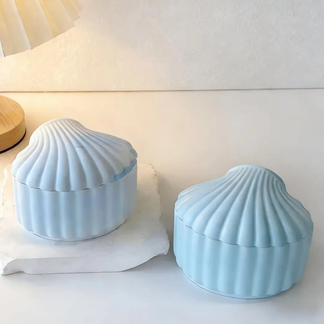 쉘 뚜껑 리브형 항아리 석고 실리콘 몰드 DIY 아로마테라피 석고 보관함 장식 양초 용기 쉬운 탈형
