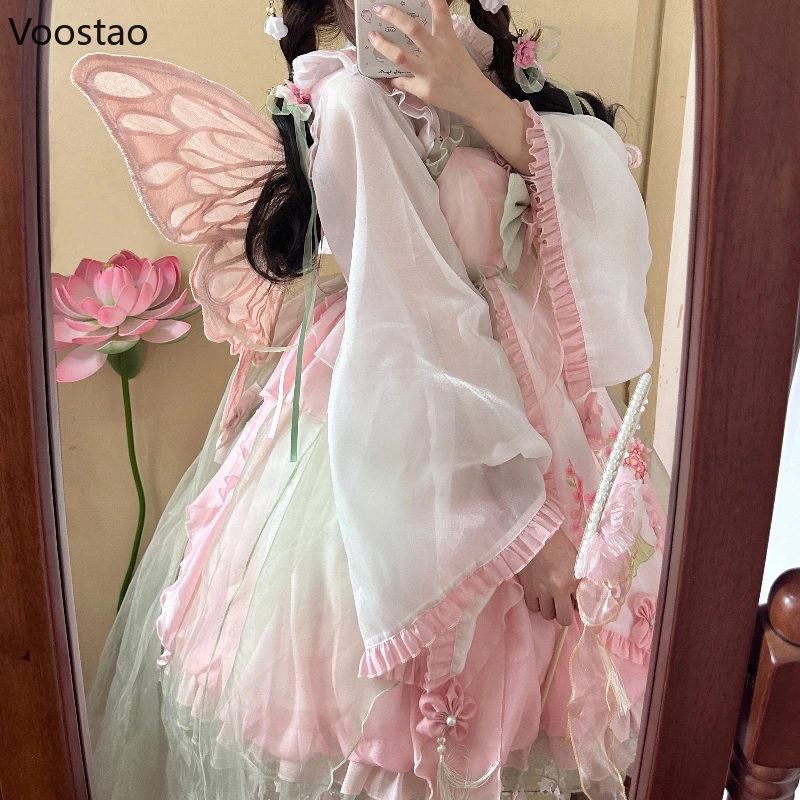 Sweet Lolita Princess Dress Women Cute Cartoon Rabbit Print Flower Ruffles Party Dresses Chinese Hanfu Style Kawaii Lolita Sets