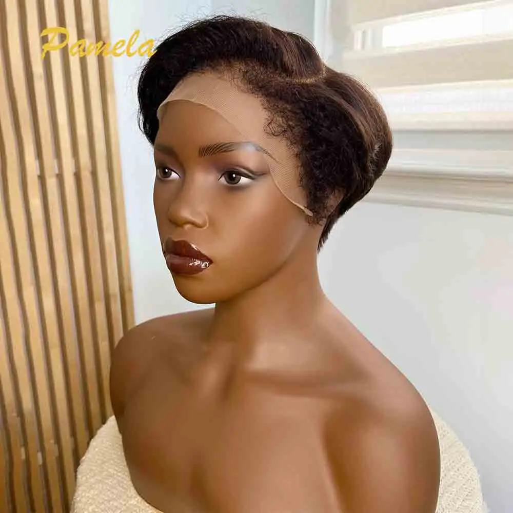 Kinky Edges Natural Hairline Pixie Cut Short Bob Straight Transparent Lace Front Glueless Prepluked Wig Human Hair Ready To Wear