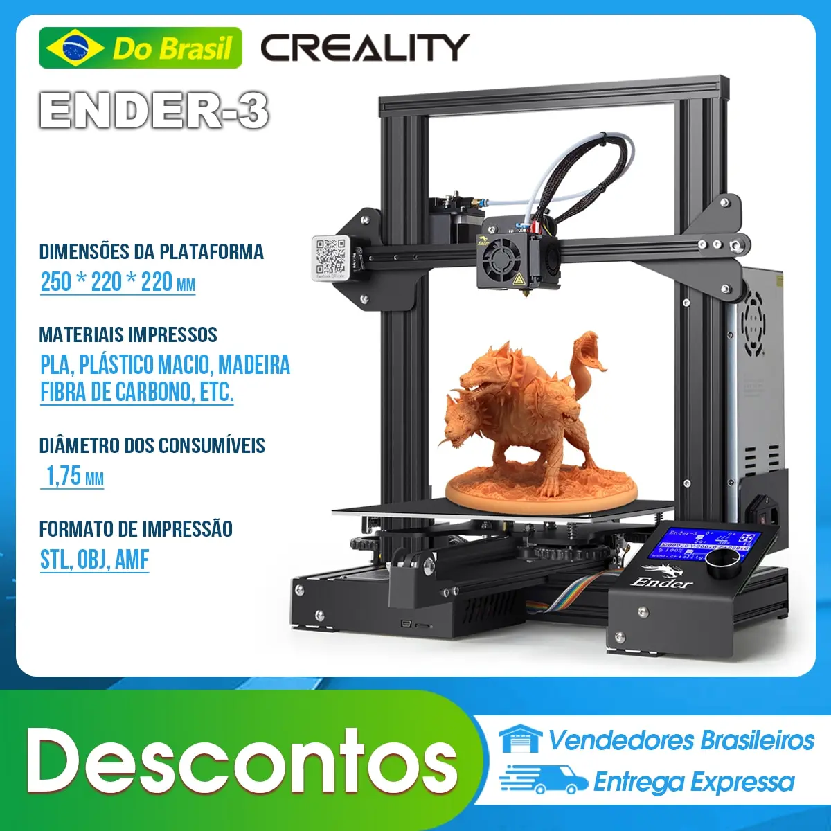 Impressora 3D Creality Ender-3, impressora 3D de cdigo aberto com Printing Size 220x220x250mm
