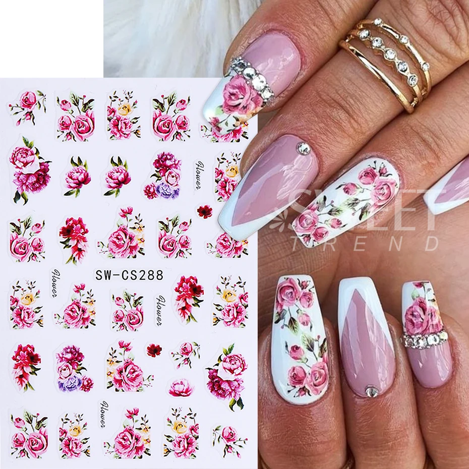 2pcs Valentine's Nail Stickers Red Rose Flower Peony Floral Leaves Adhesive Sliders DIY Elegant Manicure Decoration Decals Tools