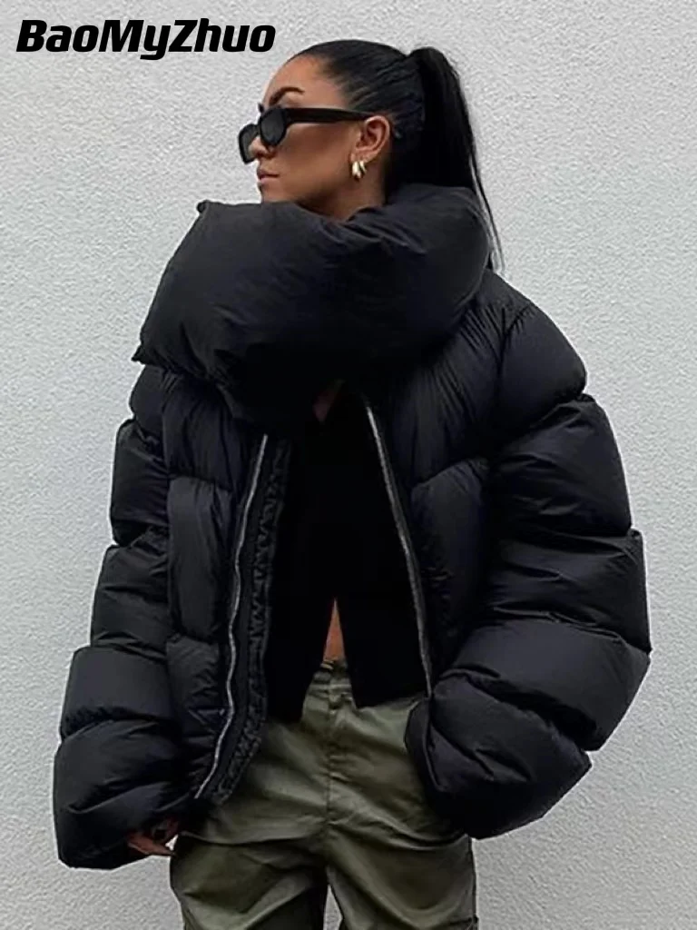 

2024 New Women's Winter Scarf Collar Jacket Solid Thick Warm Loose Bubble Cotton Coats Female Black Puffer Parkas Casual Outwear