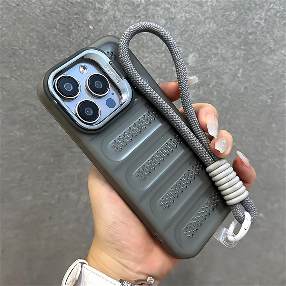 Enhanced Wrist Strap Lanyard Phone Case with Heat Dissipation and Folding Stand - Shockproof Matte Back Cover with Lens Protection