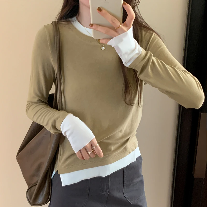 

New Korean Fashion Patchwork Long Sleeve T Shirt Women 2023 Autumn Winter Slim Base Shirt Ladies Casual Tees Tops