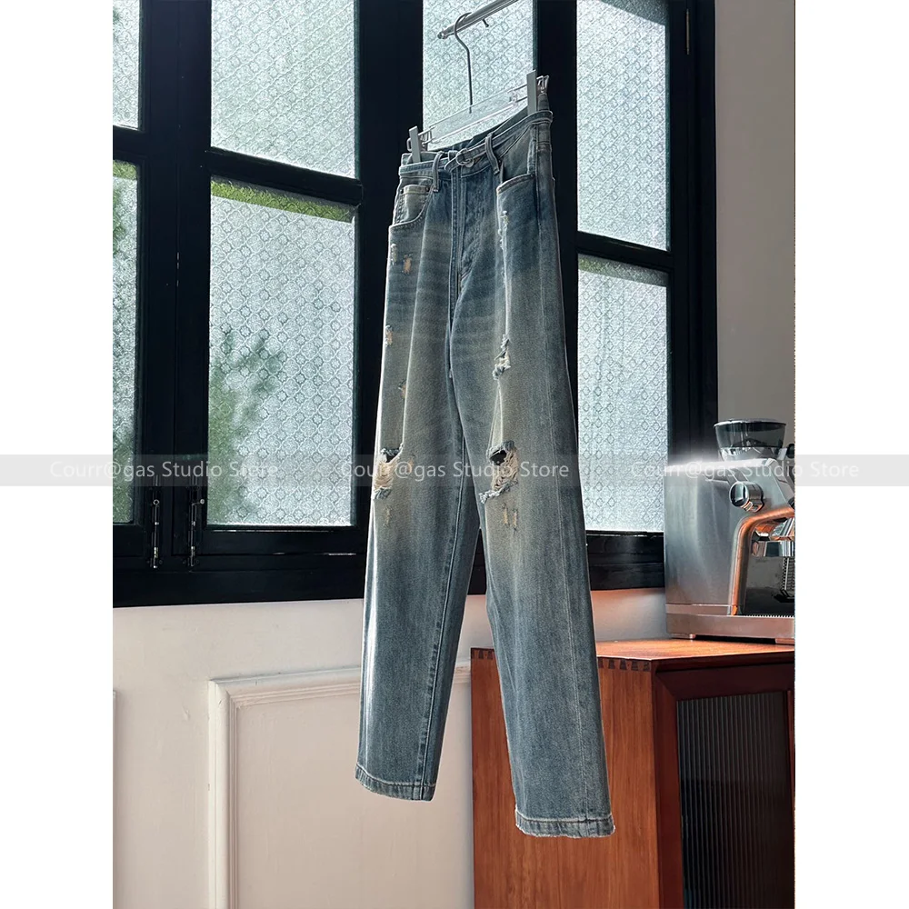 

American retro do old loose high-waisted wide-legged broken holes jeans female drag trousers tide