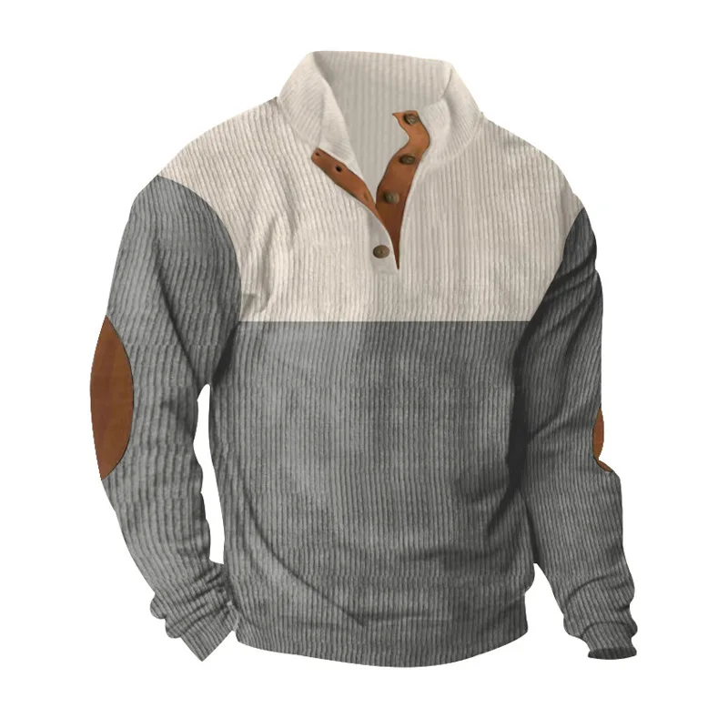 Men's Hoodies Spring And Autumn Corduroy Casual Patchwork Stand Collar Button Sports Hoodie Man Clothing