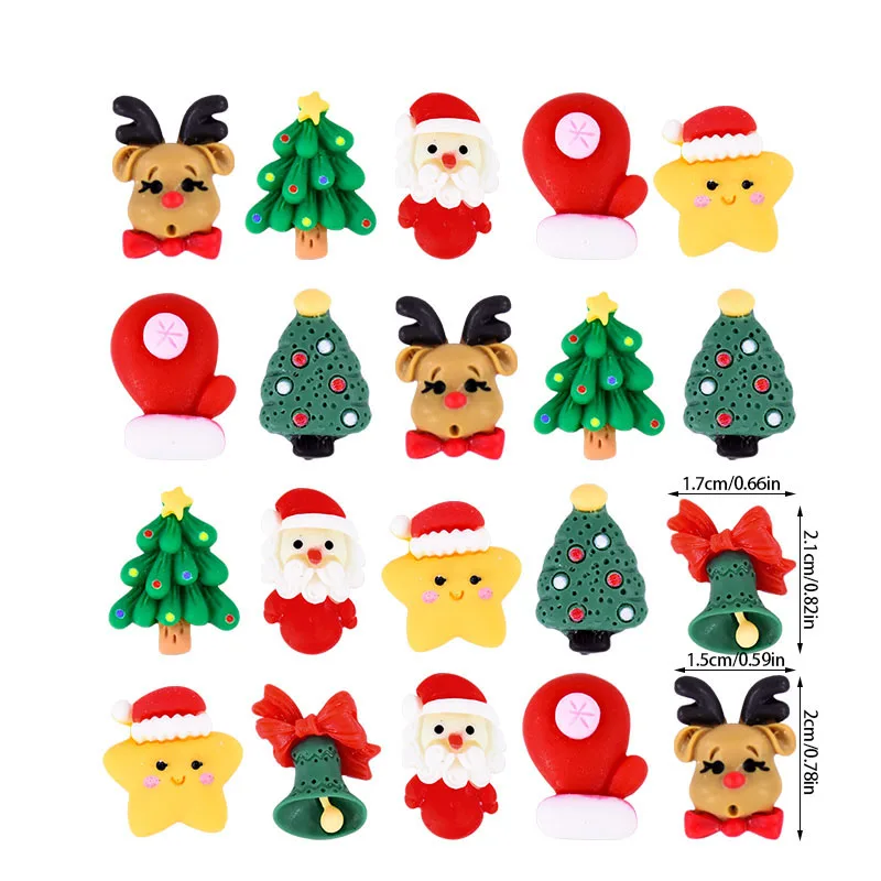 20pcs Mini Christmas Resin Figurine Crafts Cute Reindeer Xmas Tree Santa Claus Flatback Cabochon Ornaments DIY New Year Gifts