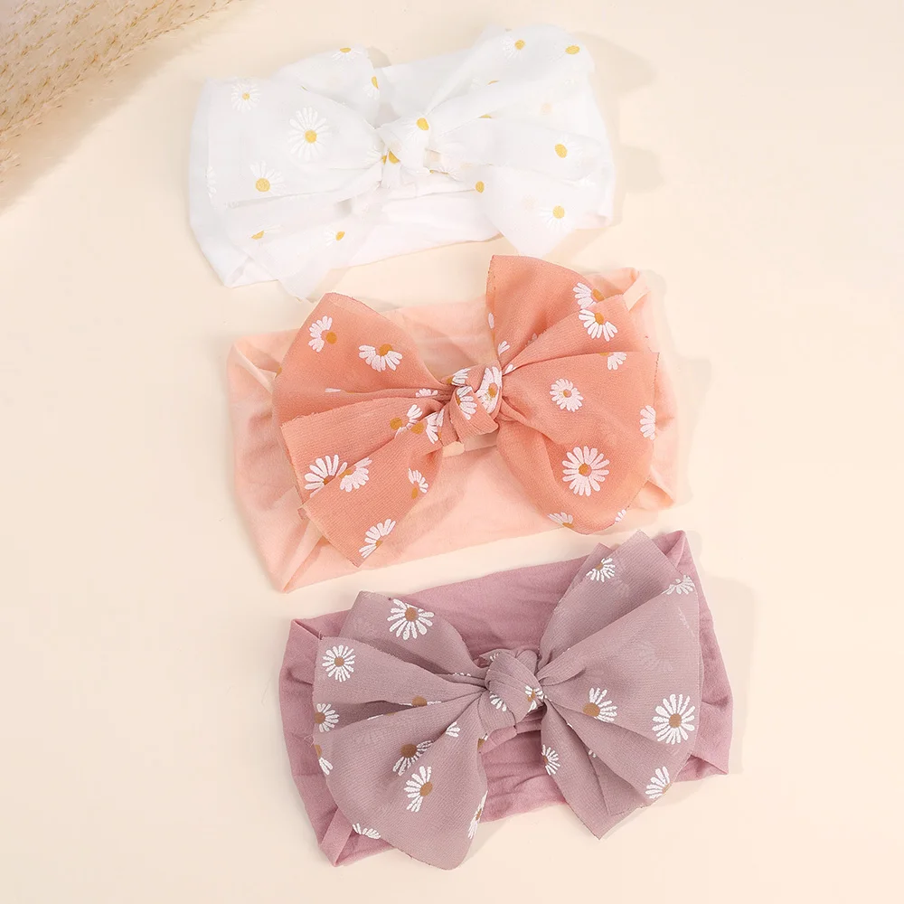 3Pcs Baby Wide Elastic Headband Infant Large Bow Head Band Flower Print Soft Stretchy Wide Hairband For Toddler Hair Accessories
