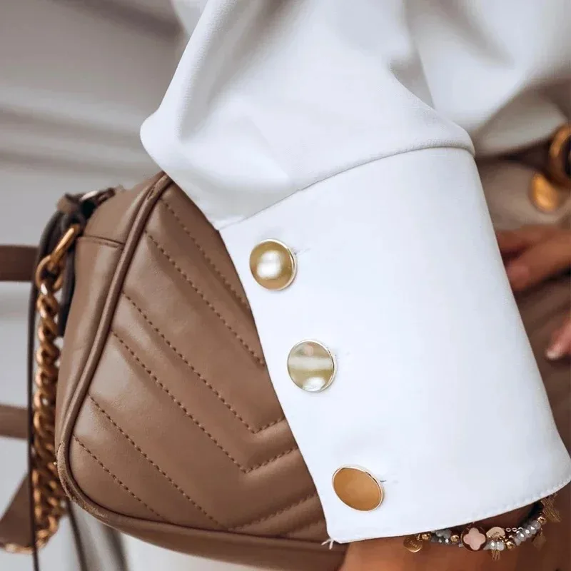 Women Shirts Tops 2025 Autumn Women's Fashion Long Sleeve Blouses Stand Collar Solid White Black Loose Cardigan Blusas 10619