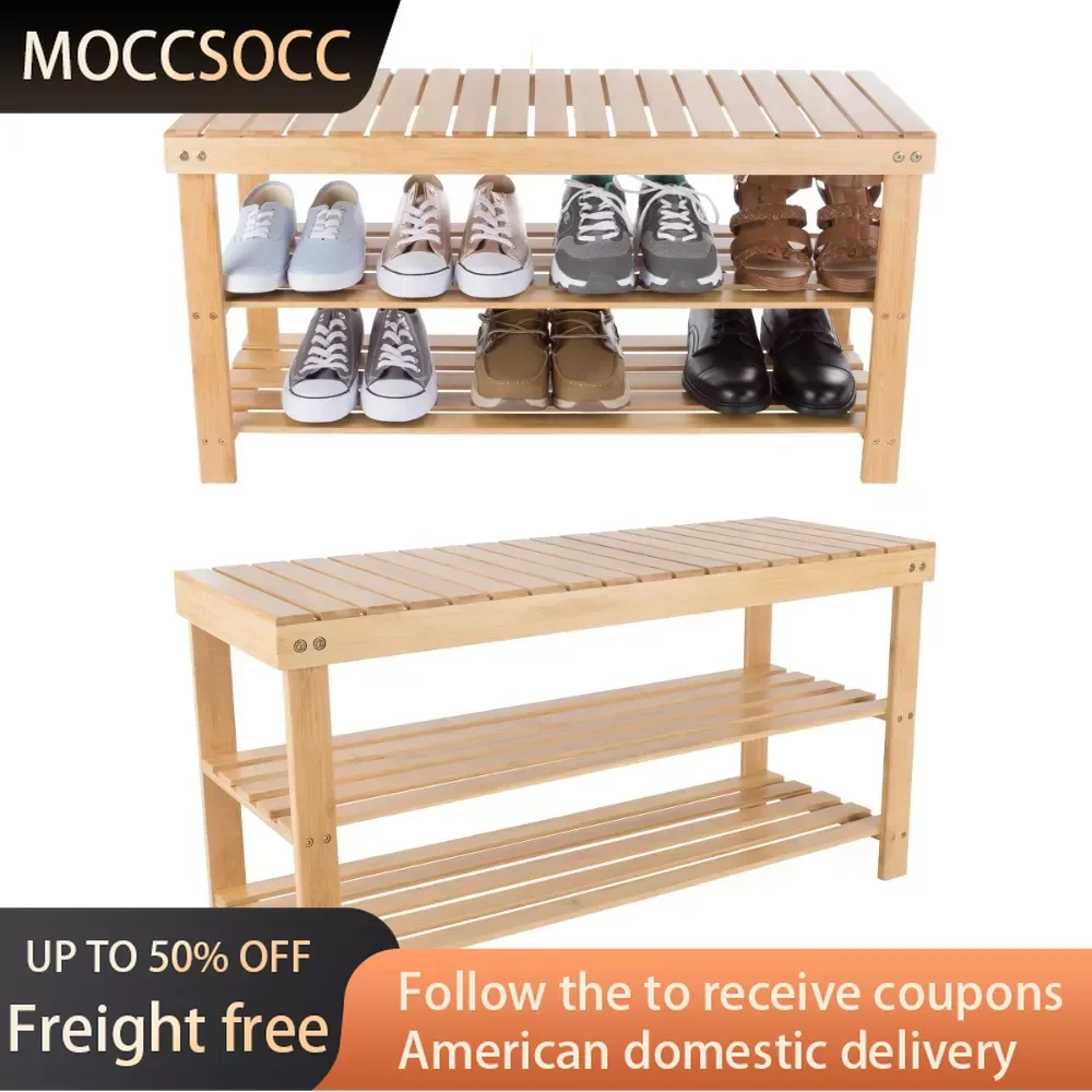 

Bamboo Shoe Rack Bench With 2 Shelves-Eco-Friendly Natural Wood Seat Storage and Organization-For Bedroom Shoerack Hallways Room