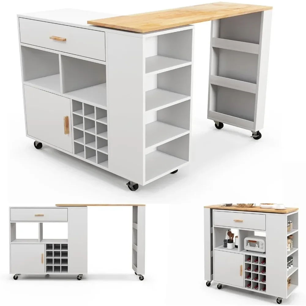 high-qualityMobile Kitchen Island Cart, 4-in-1 Reversible Serving Cart Bar Table Combo, Storage Cart on Wheels w/Rubber Wood Top