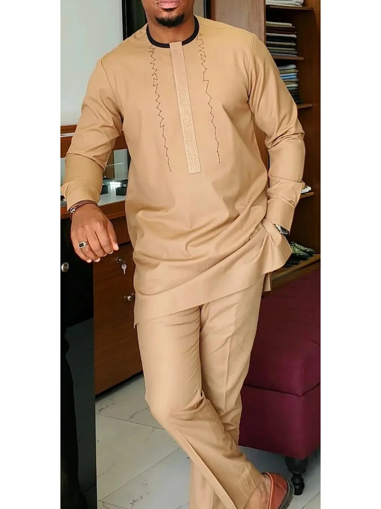 

Men's luxury fashion casual khaki geometric print two-piece set