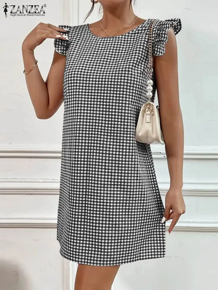 

2023 ZANZEA Fashion Ruffles Sundress Summer Casual Grid Printed Dress Woman Sleeveless O-Neck Mini Robe Holiday Loose Vestidos