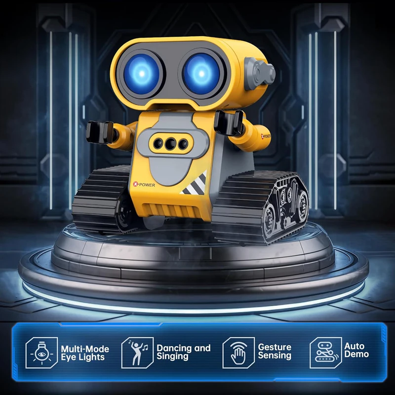 Robot télécommandé multifonction avec lumières LED et capteur, rechargeable, dans les mains d'un enfant souriant.