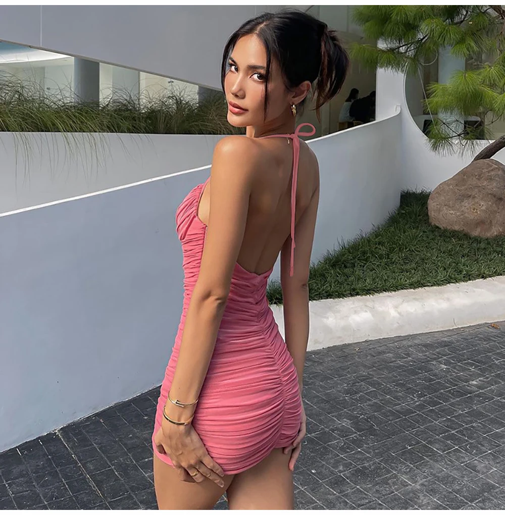 Backless Bodycon Mini Dress Women 2023 Fashion Womens Slip Off Shoulder  Strap Short Dresses Casual Sleeveless Pink Sund size L Color Pink