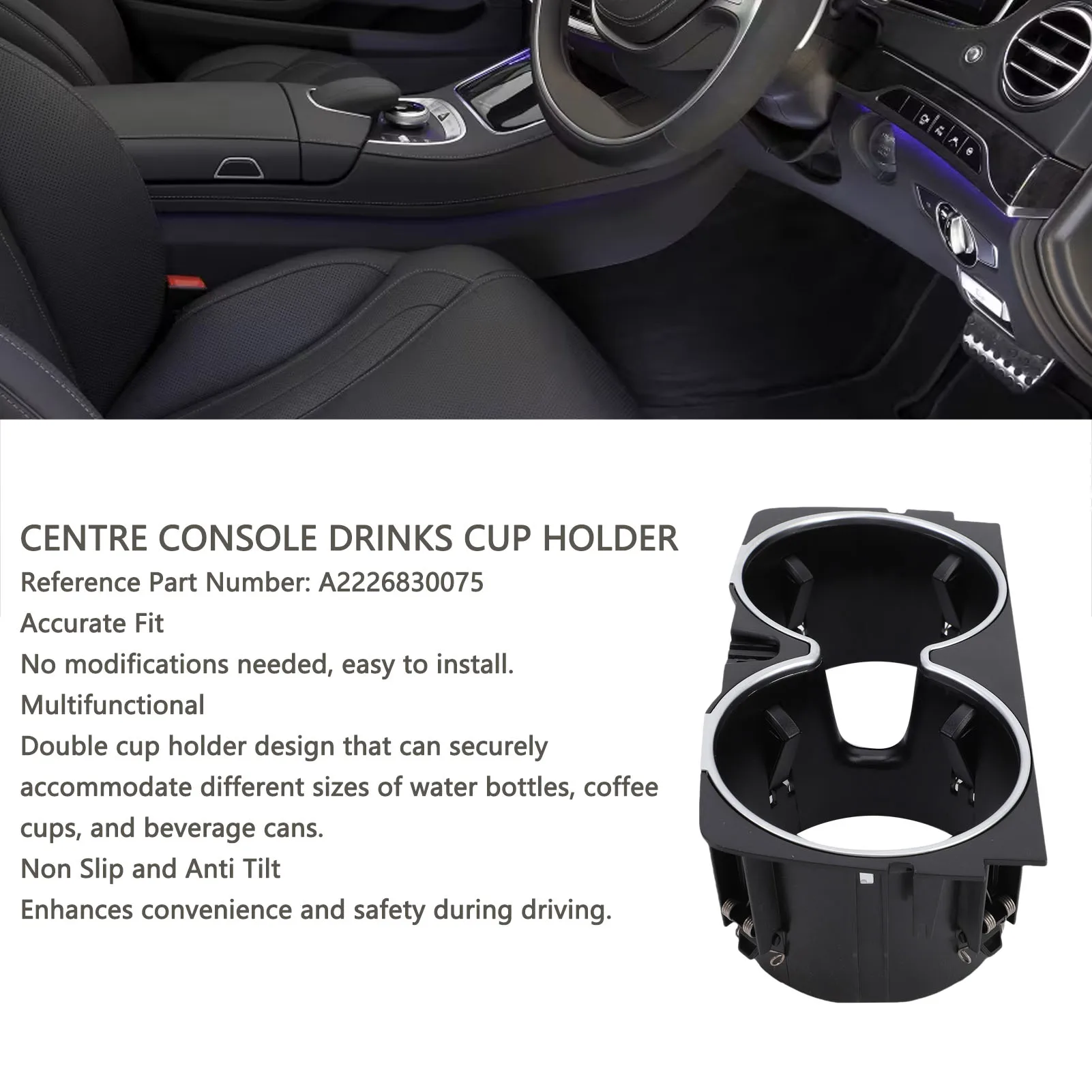 Centre Console Drinks Cup Holder A2226830075 Non Slip Replacement for  W222 S-Class 2014-2017 Auto Cup Drink Holder