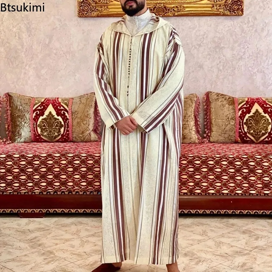 New 2024 Muslim Jubba Thobe Clothes Men Hoodie Ramadan Robe Kaftan Abaya Dubai Turkey Islamic Clothing Male Casual Loose Robe