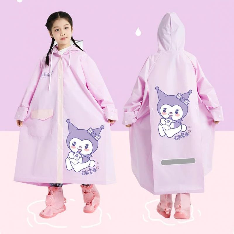 

Sanrio Kuromi Children's Raincoat Kawaii Pink Purple Cartoon Full Body Waterproof Rain Poncho with Backpack Compartment