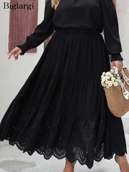 Plus Size Spring Long Skirts Women Hollow Out Loose Ruffle Pleated Ladies Skirts Elastic High Waist Fashion New Woman Skirts