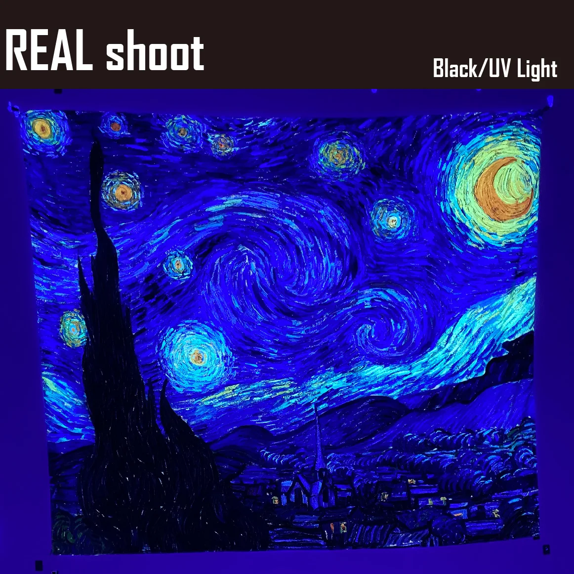 Starry Night UV Reactive Tapestry – Van Gogh Blacklight Wall Art 2