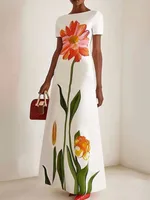 Gymystars 2026 Summer Latest Women's Fashion Flower Printed Dress Round Neck Trend Loose Elegant Party Evening Beach Dresses