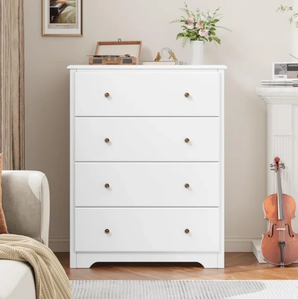 White Dresser 4 Drawer Dressers Chest of Drawers Modern Tall Dresser Wood Drawer Chest Storage Cabinet for Living Room 2