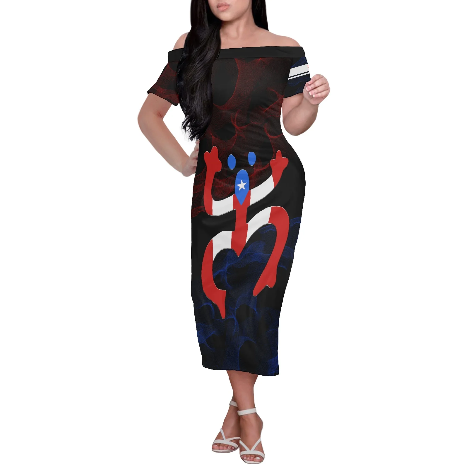 

Black Banquet Dress Summer Puerto Rico Flag Print Short Sleeve Knee Length Gowns Tight Off Shoulder Clothing Women Long Dresses
